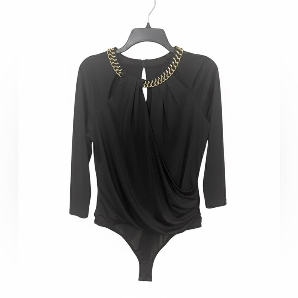 Bebe Black bodysuit white gold chain jeweled size large Y2K trendy party wear